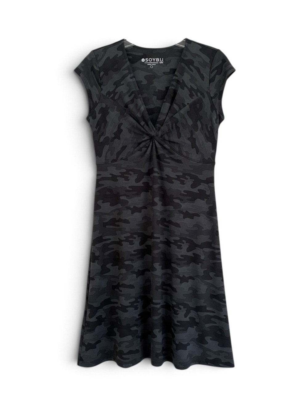 NWT Soybu Sport Camo Dress Small Twist Front Stretch Athleisure Gray Black